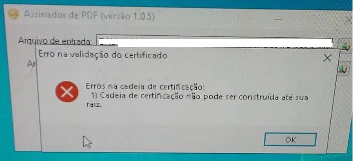 Erro na validação do certificado